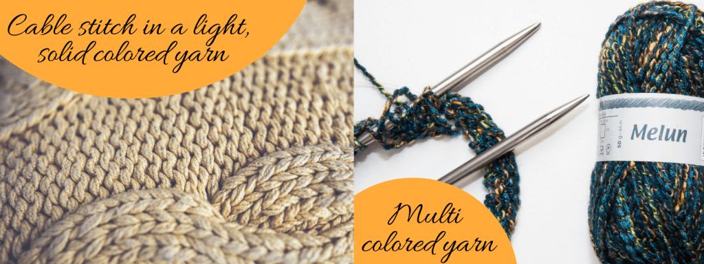 Don't Be Such a Square | How to pick a yarn for my knitting project? A guide to help beginner knitters learn what to consider when choosing a yarn for projects. A cable stitch pattern in a smooth texture and light, solid colored makes it pop! A textured, multi colored yarn is best knitted in stockinette or garter stitch