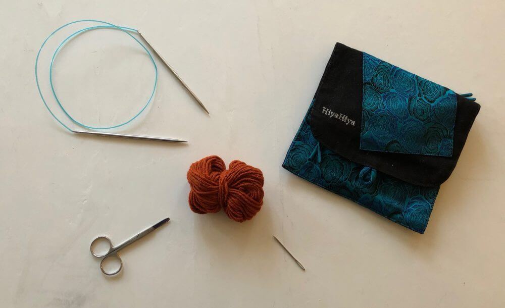 How to Cast on Circular Needles. A picture of the materials needed for this series of tutorials. Circular knitting needles, yarn, scissors and a darning needle.