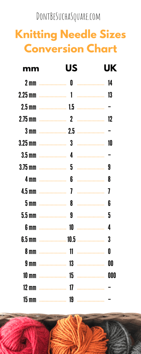 Knitting Needle Sizes Conversion Chart | Needle sizes are a jungle – find the right one with this clear and easy chart from DontBeSuchaSquare.com | #Knitting #KnittingNeedleSizes #Infographic