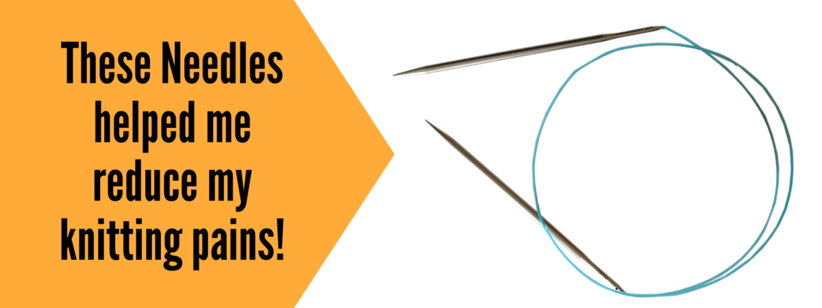 A graphic showing a pair of HiyaHiya interchangeable knitting needles  and the text: These needles helped me reduce my knitting pains!