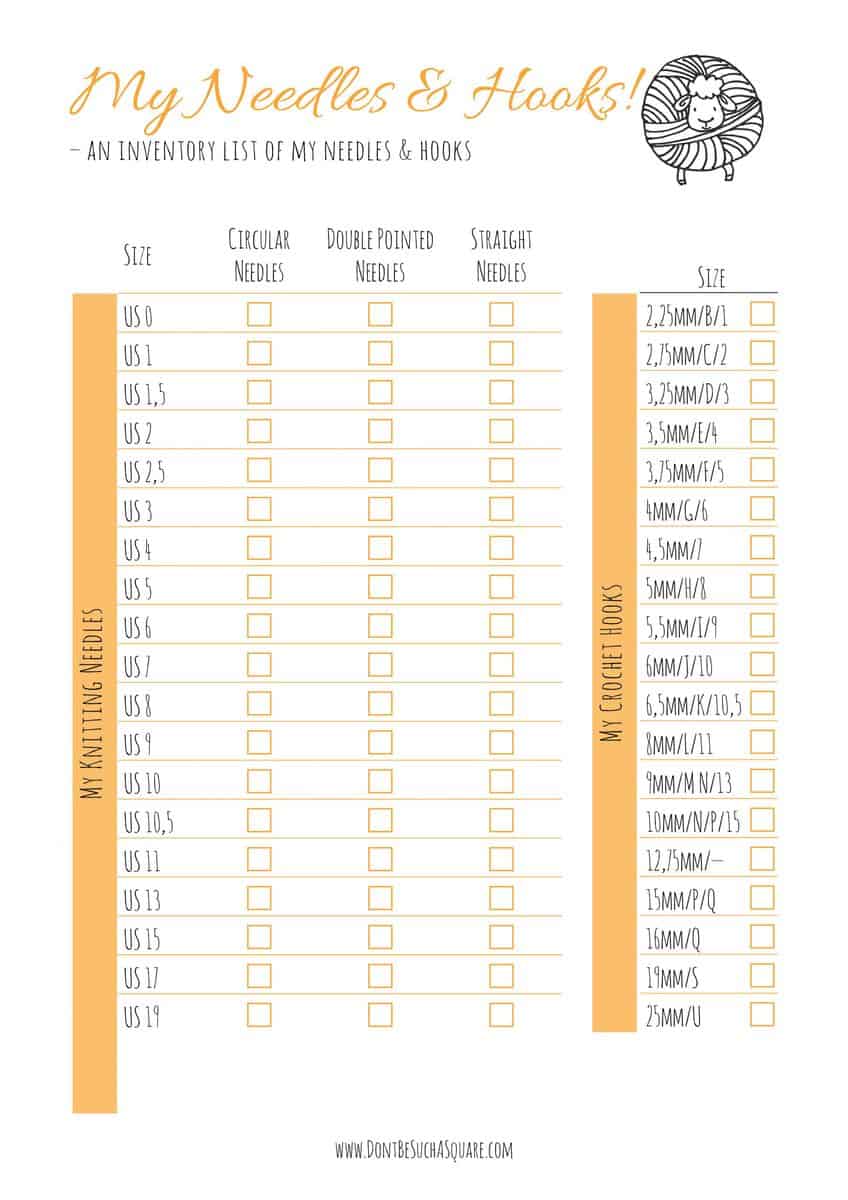 Knitting Needle Inventory Chart