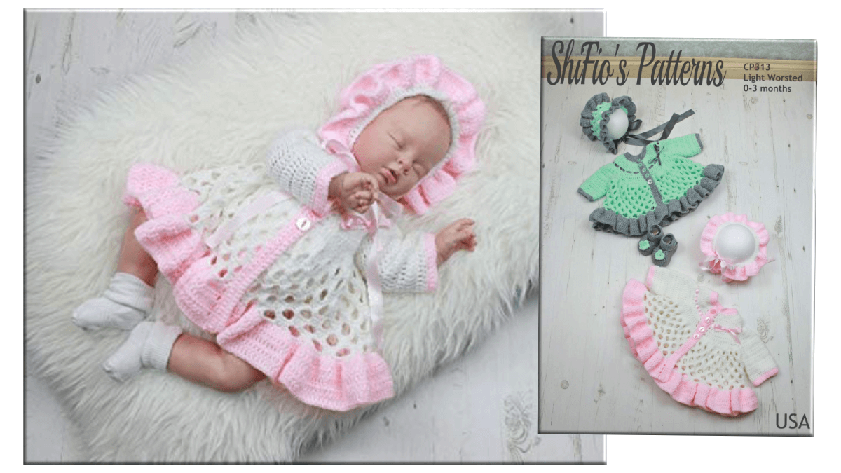 Crochet pattern for baby matinee jacket, bonnet and booties