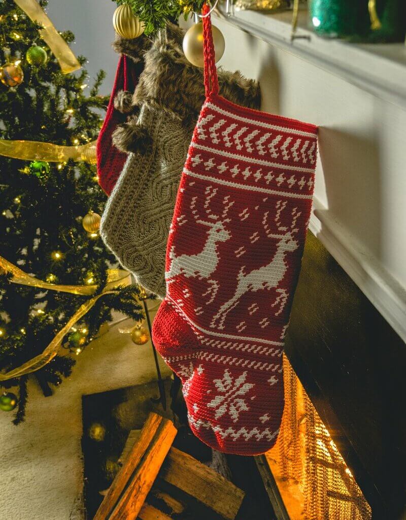 On Prancer Christmas Stocking crochet kit from Lion Brand Yarn