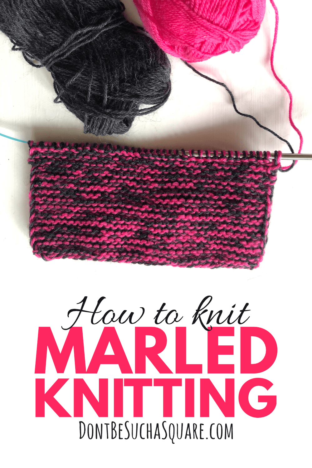 A piece of marled knitting on the needles and two balls of yarn. And the text: how to knit, marled knitting
