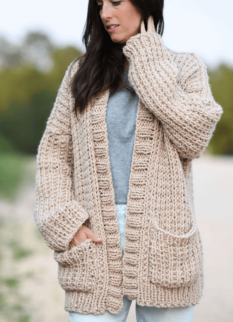 My big comfy ribbed cardigan by Mama in a stitch, buy the knitting kit at Lion brand yarn