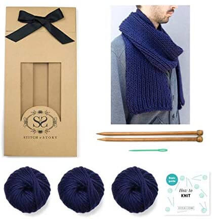 A picture of the Vale knitting knit, a chunky scarf kit with yarn, needles and basic knitting instructions.