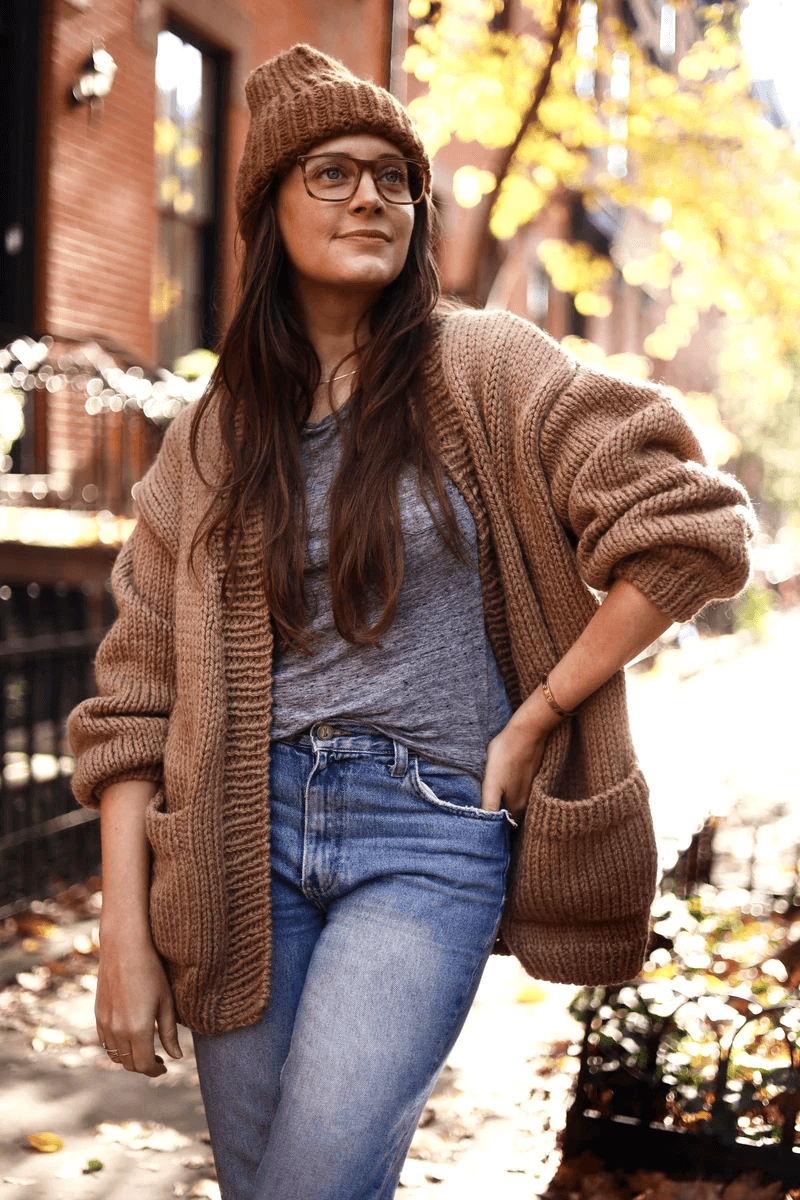 The Campus Cardigan knitting kit is available at lion brand yarn