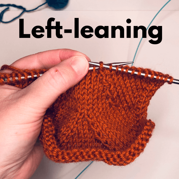 A photo illustrating how a knitting decrease will lean to the left is the right stitch is placed on top of the left stitch. A hand holding a piece of knitting with paired decreases. 