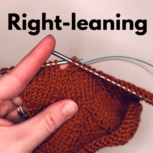 A photo illustrating how a knitting decrease will lean to the right if the left stitch is placed on top of the right stitch. A hand holding a piece of knitting with paired decreases. 