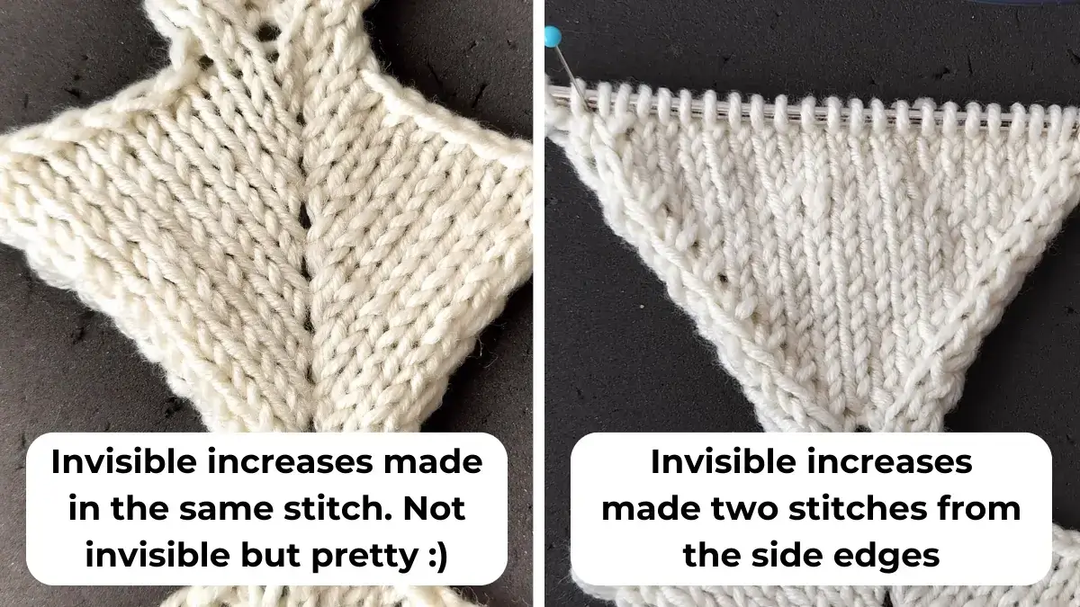Mirrored increases is pairs of right and a left leaning decreases that looks alike.  in this image you can see examples of pairs of invisible increases made into the same stitch and at the side edges of a piece of knitting.
